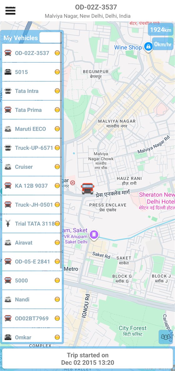 MapConnect live map with vehicle list, trip distance and speed