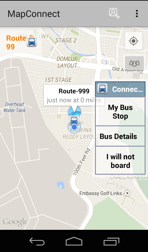 App screen with the school bus on the map and My Bus Stop, Bus Details and I will not board buttons